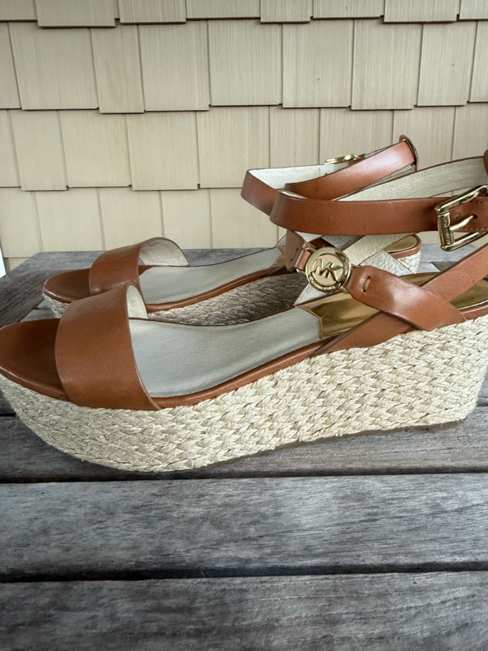 Michael Kors Espadrille Wedge Sandals Cognac Leather Ankle Strap Women’s 7.5 - Picture 2 of 6